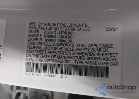 2021 Honda Accord Sport 2.0T from USA, damaged, VIN 1HGCV2F35MA021360